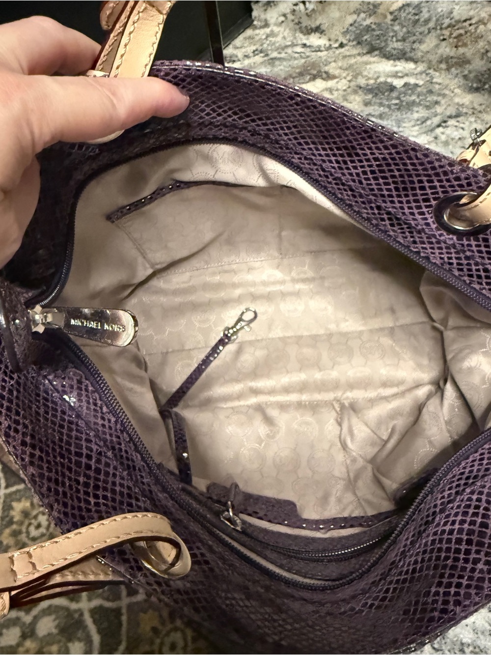 Michael Kors Purple leather python embossed Tote with Tan Leather Handles - Picture 5 of 8